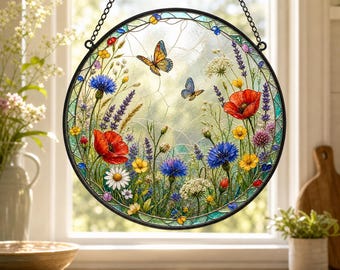 Wildblumenwiese Glasmalerei-Stil Suncatcher, UV gedrucktes rundes Fenster-hängendes Dekor, Wildblumengeschenk