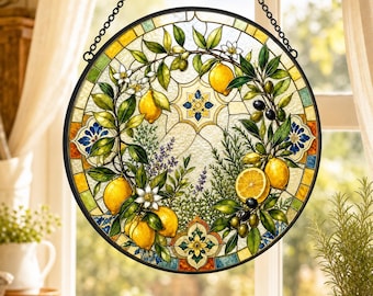 Lemon Olive Suncatcher, Stained Glass Style Window Hanging, Nonna Kitchen Mediterranean Gift for Her