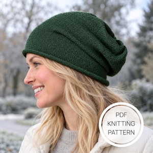 May include: A dark forest green knit beanie with a rolled brim and a slouchy fit. A circular white graphic overlay in the bottom right corner contains the black text PDF KNITTING PATTERN, indicating this is a digital document for a craft project.