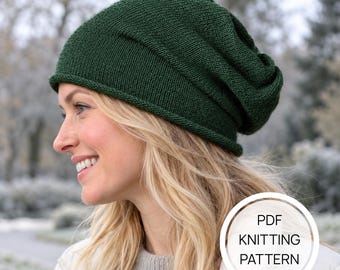 Patrón de gorro de punto para mujer en PDF, gorro holgado y fácil de tejer para otoño e invierno (descarga instantánea), diseño de punto circular para principiantes (descarga digital).