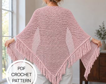 Haakpatroon voor een sjaal (PDF), driehoekige omslagdoek met franjes voor dames (digitaal), haakpatroon voor een driehoekige sjaal, eenvoudig haakpatroon voor dames (direct te downloaden).
