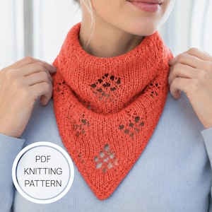 May include: A bright orange triangular knit cowl featuring a delicate lace diamond pattern throughout the fabric. A circular white badge in the bottom left corner contains the black text PDF KNITTING PATTERN, indicating the item is a digital file.