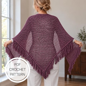 May include: A dark purple triangular crochet shawl featuring an openwork stitch pattern and long fringe along the bottom edges. A circular white graphic overlay on the lower left corner contains the black text PDF CROCHET PATTERN.