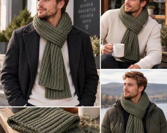 Patrón de bufanda de invierno acanalada para hombre, bufanda larga de punto fácil, proyecto de tejido acogedor
