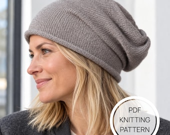 Patrón de tejido de gorro holgado en PDF, gorro fácil para mujer con agujas circulares (descarga digital)