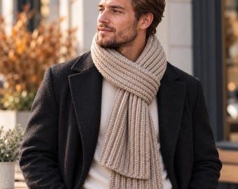 Patrón de bufanda de punto para hombre, bufanda de invierno de punto acanalado fácil de tejer, diseño de bufanda larga