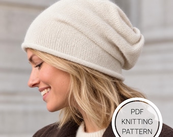 Classic Slouchy Beanie Knitting Pattern PDF, Easy Women's Toque for Beginners Digital Download