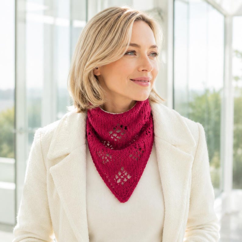 May include: A triangular knitted scarf in a vibrant magenta shade featuring a delicate diamond-shaped lace pattern throughout the fabric. The scarf is styled in a bandana shape with a pointed front, showcasing a textured knitted construction.