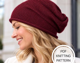 Women's Slouchy Beanie Pattern PDF, Quick and Easy Knit Hat with Circular Needles Digital Download