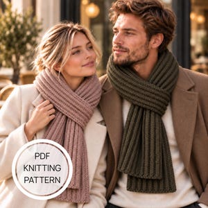 May include: A PDF knitting pattern featuring two ribbed scarves, one in a dusty rose colour and one in a dark olive green colour. The scarves are thick and textured with vertical lines, worn over neutral-coloured coats and sweaters.