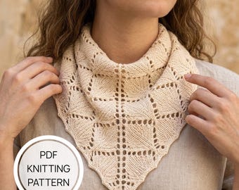 Patrón digital para bufanda triangular de encaje, ideal para principiantes, descarga de pañuelo de punto en PDF, bandana de punto.
