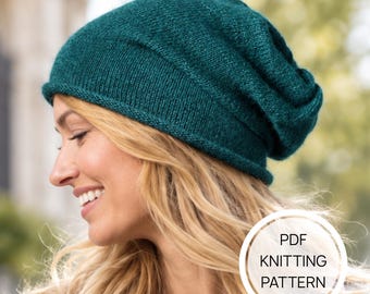 Patrón de tejido de gorro de invierno para otoño en PDF, gorro de punto holgado fácil para mujer (descarga digital)