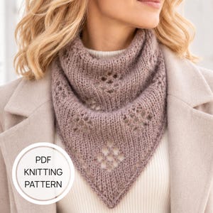 May include: A dusty rose triangular knit scarf featuring a delicate openwork diamond pattern and ribbed texture. A circular white graphic overlay in the bottom left corner contains the black text PDF KNITTING PATTERN in a clean sans-serif font.