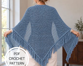 Crochet Shawl Pattern PDF, Easy Triangle Instant Download, Fringe Wrap for Women Digital Download