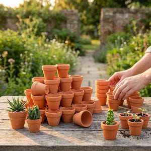 Peut inclure: Une grande collection de petits pots en terre cuite ronds empilés sur une surface en bois, avec plusieurs pots individuels contenant de petites plantes succulentes vertes, mettant en valeur leur texture et finition en argile brun orangé.