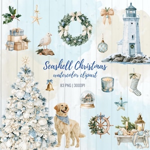 Puede incluir: Una colección de ilustraciones en acuarela que incluye un árbol de Navidad decorado con conchas marinas, un faro, un golden retriever con pañuelo azul, una corona, una gaviota, regalos, un timón, un calcetín y adornos navideños.