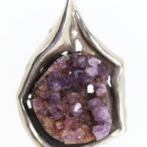 835 silver pendant + natural raw amethyst gemstone cluster, handmade
