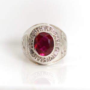 Vintage sterling silver ring, USA 11th Airborne Division, synthetic ruby, size 60