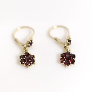 Könnte beinhalten: Ein Paar goldene Ohrhänger mit einem blumenförmigen Cluster aus tiefroten Granat-Edelsteinen. Jeder Ohrring verfügt über einen Klappbügel und einen kleinen zusätzlichen Granatstein am gebogenen Draht über dem floralen Anhänger.