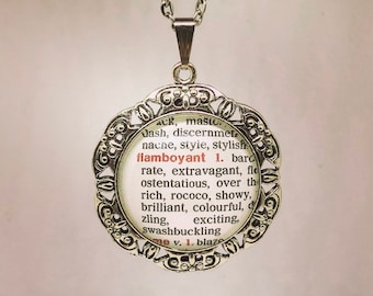 Bookish necklace: the word FLAMBOYANT from a vintage Thesaurus. More upcycled words available on request, see listing.