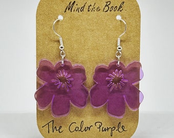 Bookish earrings: The Color Purple - Alice Walker. Statement flower earrings. Literary gifts. Mind the Book. IWD. Sister gift.