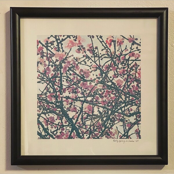 Wall art. Art print. Cherry blossom. Pale blue sky. Early spring in London. 20 x 20 cm. Framed or unframed. Soft girl art.