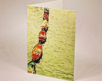 Art print card: blank inside. River Thames. Richmond, London. West London. Colourful boats. Staying afloat.