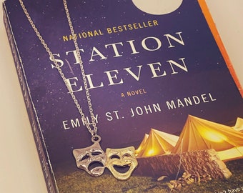 Bookish necklace: Station Eleven. Theatre. Performing arts. Shakespeare. Culture. Tragedy & Comedy theatrical masks. All the world’s a stage