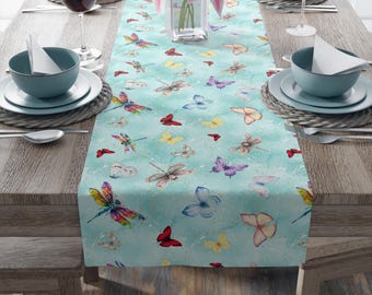 Watercolor Butterflies & Dragonflies Table Runner | Cotton Polyester Blend