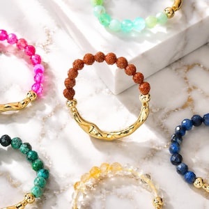 68 Kinds Natural Gemstone Ring, Handmade Faceted 3mm Bead Elastic Ring with Gold Half Band, Unique Healing Crystal  Stackable Jewelry