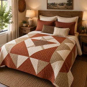 Puede incluir: Una colcha con un patrón geométrico de triángulos en tonos naranja quemado, beige y crema. La colcha tiene una textura acolchada y cubre una cama con dos almohadas grandes de color naranja quemado y un pequeño cojín rectangular marrón.