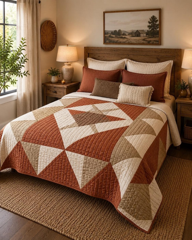 Pode incluir: Uma colcha com um padr&atilde;o geom&eacute;trico de tri&acirc;ngulos em tons de laranja queimado, bege e creme. A colcha tem uma textura acolchoada e cobre uma cama com duas almofadas grandes em laranja queimado e uma pequena almofada retangular castanha.
