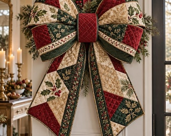 Pode incluir: Um grande laço decorativo de tecido acolchoado com um design de patchwork em tons de vermelho profundo, verde escuro e creme. O tecido apresenta um padrão de folhas de azevinho, bagas e agulhas de pinheiro, com um nó central de tecido vermelho.
