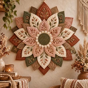 Pode incluir: Uma tapeçaria circular com um design de flor acolchoada em camadas com pétalas pontiagudas em tons de terracota, verde sálvia, creme e rosa seco. O centro é um cordão verde-oliva enrolado e cada pétala exibe um intrincado bordado de folhas.