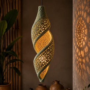 Può includere: Una lampada a sospensione a forma di spirale color verde salvia con un intricato motivo all'uncinetto a trama aperta. La lampada pende da un sottile cavo nero ed emette una luce calda che proietta ombre geometriche dettagliate sulla parete.