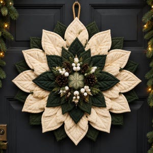 May include: A circular fabric wreath featuring layered, quilted leaf-shaped petals in alternating dark green and cream colours. The centre is decorated with small brown pinecones, white berries, and green foliage, suspended by a rope loop.