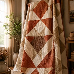 Pode incluir: Uma colcha com um padr&atilde;o geom&eacute;trico de estrela em tons de laranja ferrugem, creme e bege. O tecido apresenta uma textura acolchoada vis&iacute;vel com costuras retas, criando um design repetitivo de tri&acirc;ngulos e diamantes em toda a superf&iacute;cie.