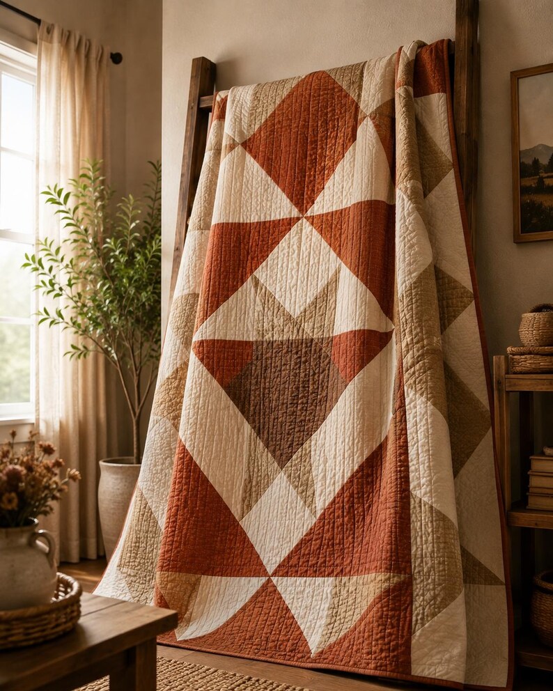 Pode incluir: Uma colcha com um padr&atilde;o geom&eacute;trico de estrela em tons de laranja ferrugem, creme e bege. O tecido apresenta uma textura acolchoada vis&iacute;vel com costuras retas, criando um design repetitivo de tri&acirc;ngulos e diamantes em toda a superf&iacute;cie.