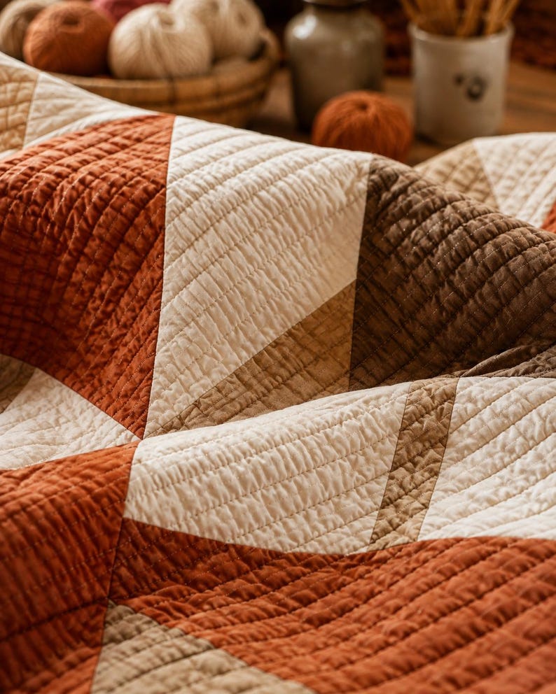Pode incluir: Uma manta acolchoada com um padr&atilde;o geom&eacute;trico de tri&acirc;ngulos em tons de laranja ferrugem, creme e castanho escuro. O tecido apresenta uma textura de costura em grelha vis&iacute;vel em toda a superf&iacute;cie, criando um aspeto suave e em camadas.