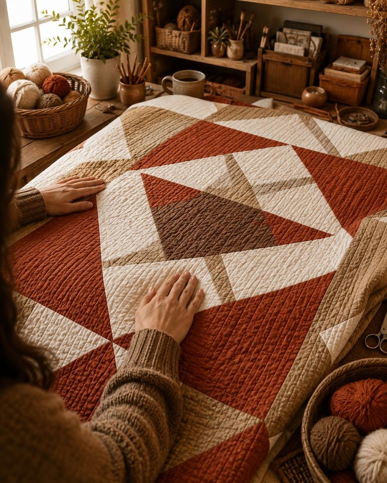 Pode incluir: Uma manta acolchoada com um padr&atilde;o geom&eacute;trico de estrela em tons de laranja ferrugem, creme e castanho. O tecido tem uma textura costurada vis&iacute;vel, criando uma apar&ecirc;ncia de grade em toda a superf&iacute;cie da pe&ccedil;a t&ecirc;xtil.