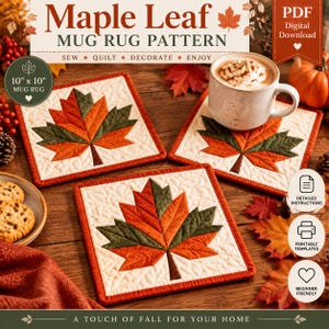 Puede incluir: Un patrón PDF digital para un posavasos acolchado cuadrado de 25,4 cm por 25,4 cm con un diseño de hoja de arce en tonos naranja, verde y crema. El patrón incluye instrucciones detalladas, plantillas imprimibles y es apto para principiantes.