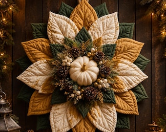 Pode incluir: Um adorno de parede com uma abóbora branca central rodeada por pinhas, bagas douradas e folhagem. A abóbora é emoldurada por camadas de folhas de tecido acolchoado em tons de creme, amarelo mostarda e verde floresta escuro.