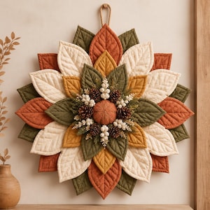 Puede incluir: Un adorno de pared circular con hojas de tela acolchadas en capas en tonos naranja óxido, crema, verde oliva y amarillo mostaza. El centro está decorado con pequeñas piñas, bayas blancas y ramitas verdes alrededor de una calabaza de tela.