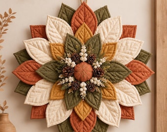 Pode incluir: Um adorno de parede circular com folhas de tecido acolchoadas em camadas nos tons laranja ferrugem, creme, verde oliva e amarelo mostarda. O centro é decorado com pequenas pinhas, bagas brancas e ramos verdes em torno de uma abóbora.