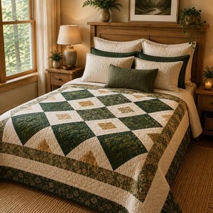 May include: A bed quilt featuring a geometric patchwork pattern in shades of forest green, cream, and muted gold. The quilt has a diamond-shaped center design with a floral-patterned border, complemented by matching cream and green bed pillows.