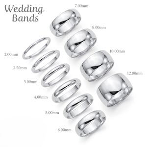 May include: A collection of silver-toned wedding bands arranged in two columns, labeled with widths ranging from 2.00mm to 12.00mm. The rings feature a smooth, polished finish and a rounded profile. The text "Wedding Bands" appears in the top left corner.