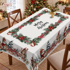 May include: A white rectangular tablecloth featuring a central border of green pine branches, red poinsettias, and red ornaments. The text Merry Christmas is printed in black in the center. The edges display snowmen, houses, and gift boxes.