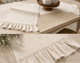Caminho de mesa de algodão com babados, estilo rústico campestre, para decoração de casamentos e jantares.