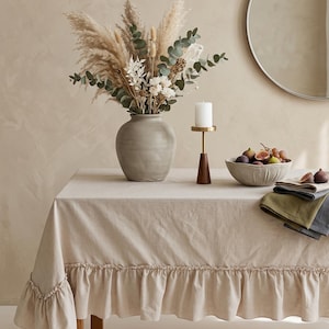 Ruffle Linen Tablecloth, French Country Cotton Blend Farmhouse Dining Table Cover