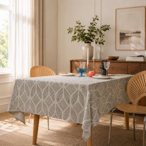 Geometric Botanical Cotton Linen Tablecloth, Boho Rectangle Dining Table Cover
